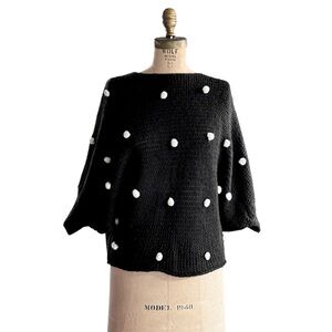 Black Knit Sweater With White Pom Poms, Sz Med